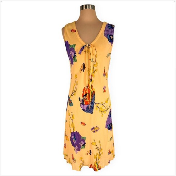 Sharon Max Vintage Yellow Colorful Floral Asian Geisha Insp Print Dress NEW M - Picture 1 of 4